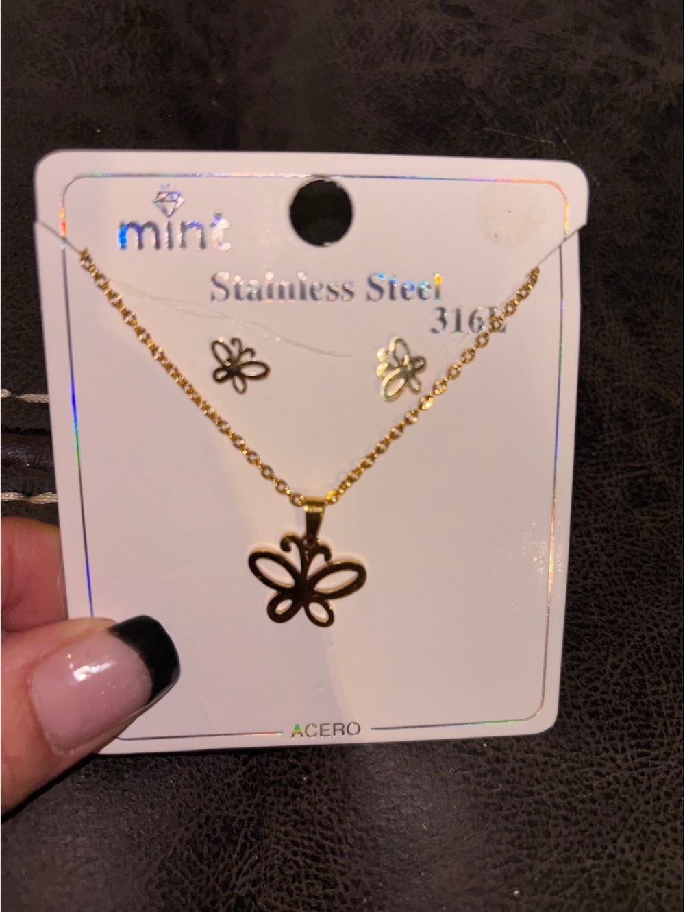 Mint 316L Stainless Steel Butterfly Necklace & Stud Earrings Set Gold Tone